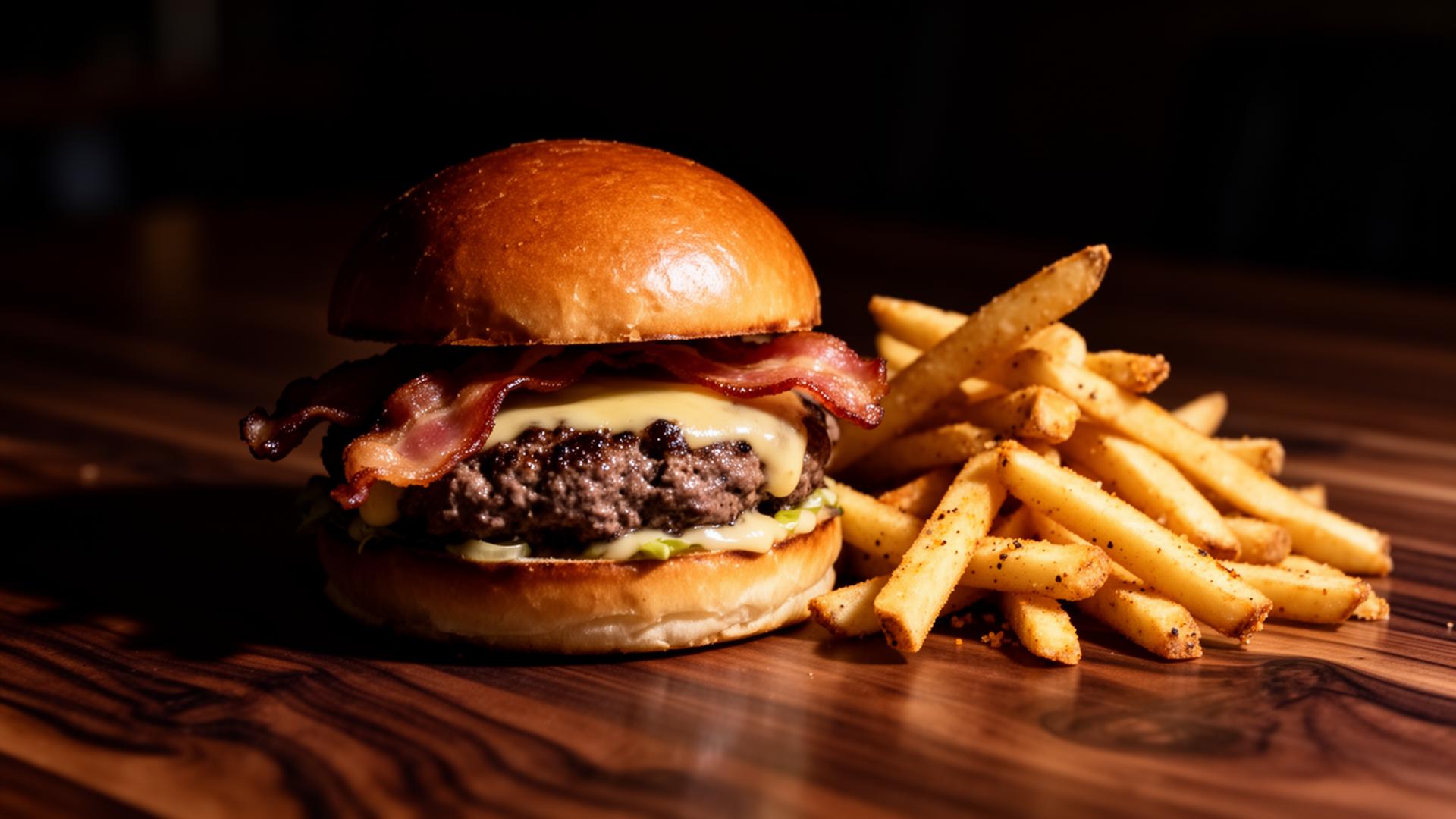 Bacon cheeseburger with golden fries